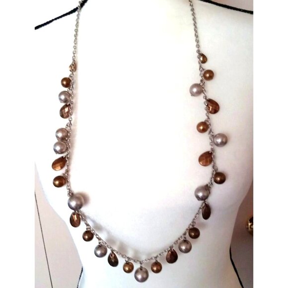 Ruby Rd Long Beaded Necklace Gold Silver Color Beads 35" Silver Tone Chain - Picture 1 of 7